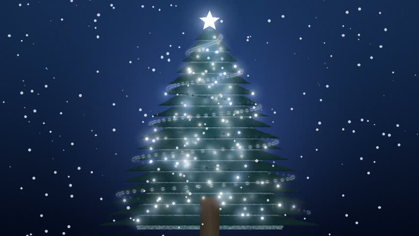 Glowing illuminated christmas tree with bright sparkling lights and falling snowflakes during cold winter night
