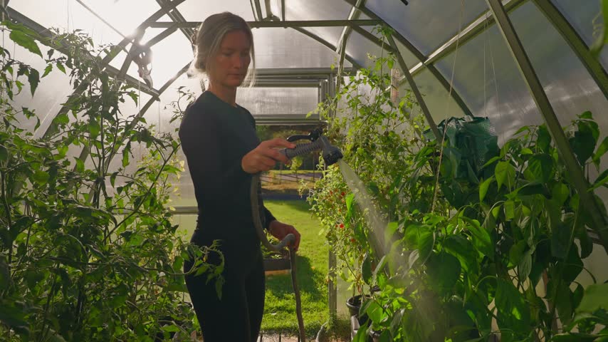Caucasian woman watering vegetable plants with a garden hose inside a greenhouse, surrounded by lush greenery and soft natural light filtering through the windowpanes.