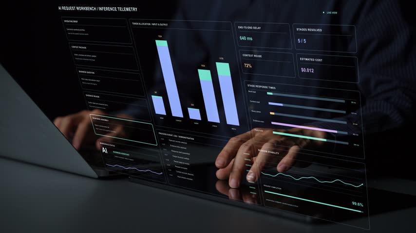 A tablet and laptop are in use. An AI workbench follows requests from context preparation to response assembly, combining operational traces with measurements of usage and processing time.