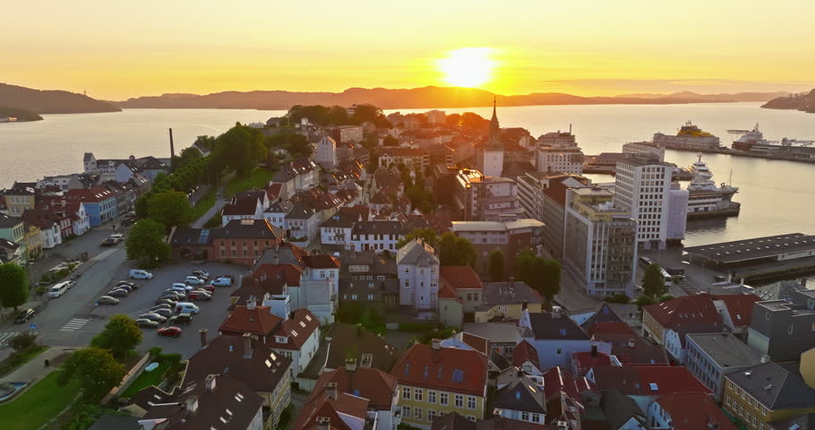 Aerial view of Bergen, Norway. Colorful buildings along the waterfront in Bergen, Norway during a sunset in summer