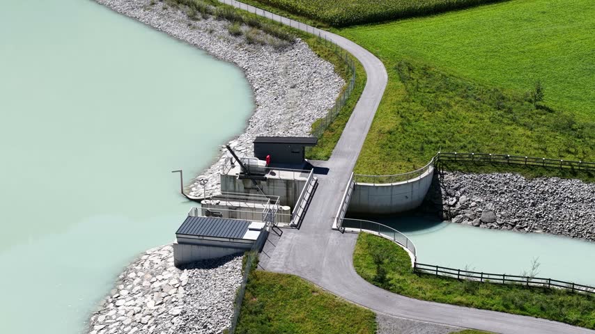 Aerial view of a hydropower plant in Silz, Austria, generating renewable electricity from flowing water and showcasing sustainable energy infrastructure in the Alps.