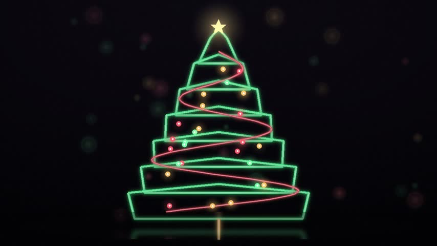 Glowing neon Christmas tree illustration featuring colorful lights and magical holiday background decorations for seasonal celebration