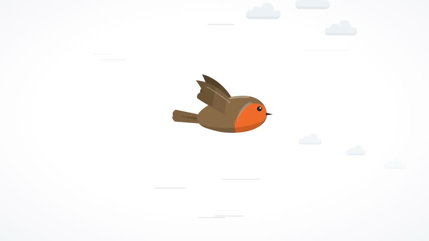 Flat cartoon European robin with an orange red breast fluttering its wings as it flies right. Seamless loop animation.