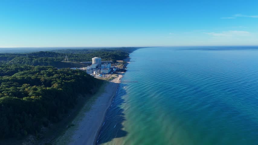 Aerial view of the Palisades Nuclear Power Plant on the coast of Lake Michigan in Covert, USA
