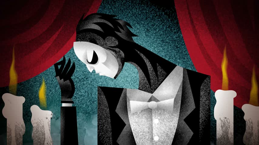 phantom man with a monstrous face wearing a mask inside an opera house with candles