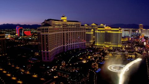  Panorama Bellagio Hotel and fountains illuminated nr Paris Eiffel Tower Hotel, Las Vegas Blvd., USA