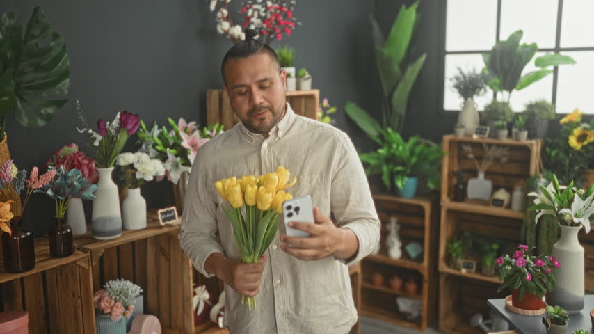 Man holding yellow tulips and smartphone, taking a selfie amid vases, potted plants and wooden crates in a floral studio; bright joy.