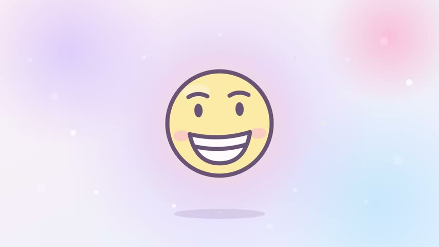 Grinning face emoji icon floating gently with a soft pastel glow pulsing around it, flat vector seamless loop motion graphics clip