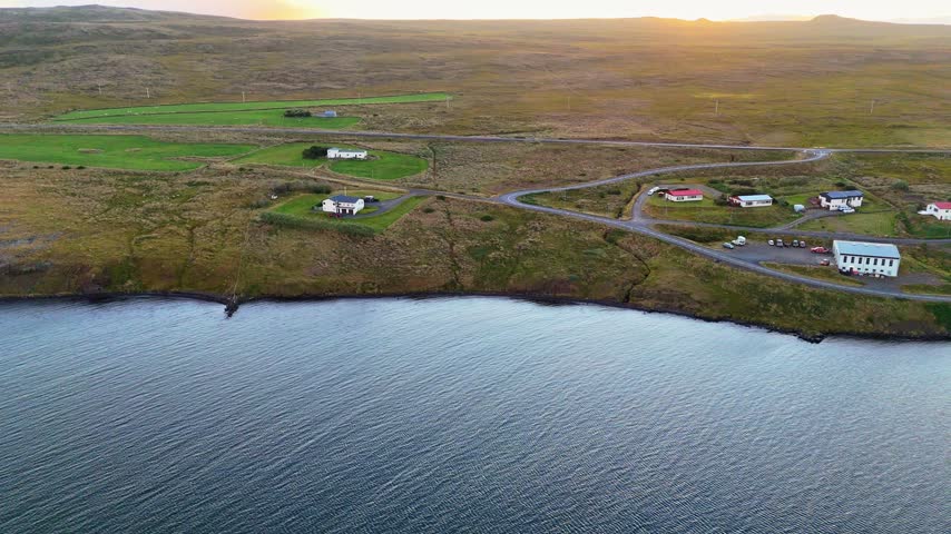 Aerial view over some houses in the small village of Borðeyri, Iceland, September 2026.