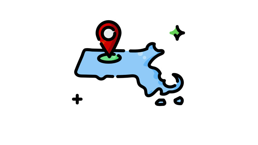 Animated Massachusetts map pairs with a bold red location pin for travel guides, real estate marketing, tourism, infographics, and regional navigation.