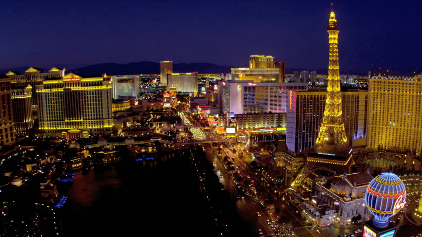 Illuminated Las Vegas Blvd view luxury hotels on Las Vegas Strip, USA