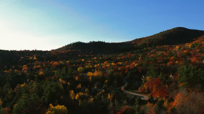 New Hampshire fall foliage glowing in warm sunset light with golden sunbeams streaming through trees