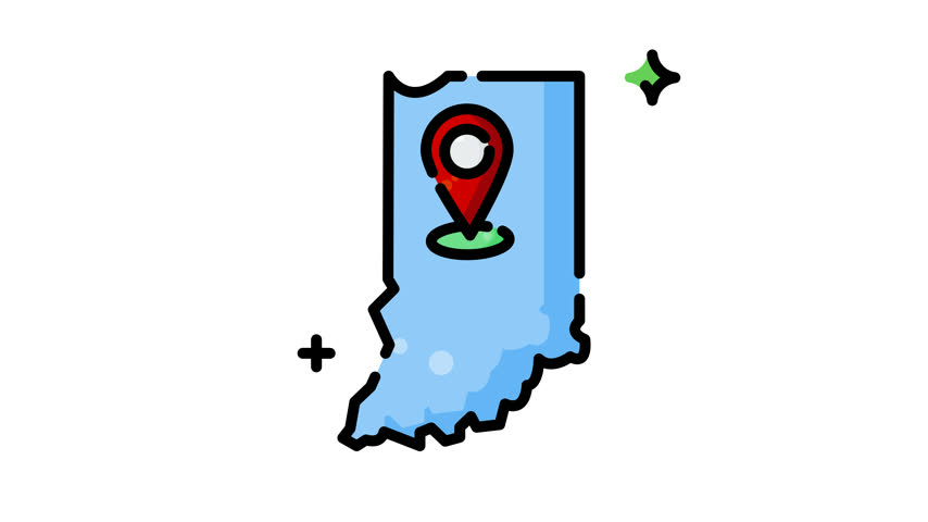 Animated Indiana map icon combines a location pin symbol, suitable for travel guides, tourism campaigns, geography, maps, websites, and navigation materials.