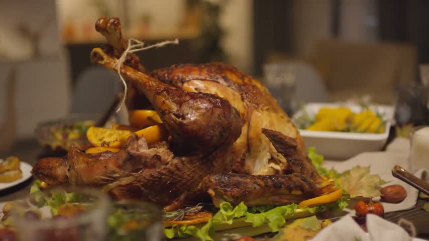 Thanksgiving roast turkey dinner table, baked poultry holiday feast meal, family celebration home food, traditional autumn Grilled chicken dish, delicious cook recipe eat. Christmas Festive. Gratitude