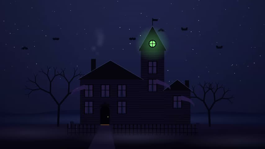 Spooky haunted house illustration at night under a full moon with bats and ghosts emerging from windows representing Halloween horror concepts.