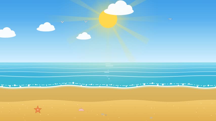 A vibrant flat vector illustration of a tropical beach landscape during sunset. The scene features a bright yellow sun casting rays across a purple and orange sky with fluffy pink clouds. Gentle blue ocean waves wash onto a sandy shore where a small starfish rests. Minimalist cartoon style captures a peaceful coastal atmosphere perfect for travel banners, summer themes, and vacation concepts.