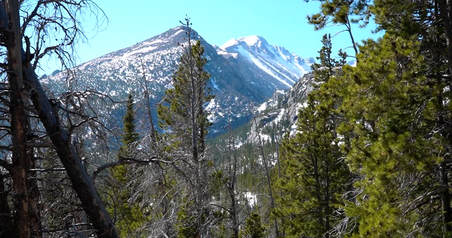 Snowy Pagoda Mountain seen from hiking trail in Rocky Mountain National Park, Colorado