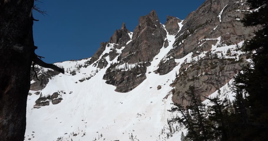 Snow covered Flattop Mountain seen from Emerald Lake in Rocky Mountain National Park, Colorado