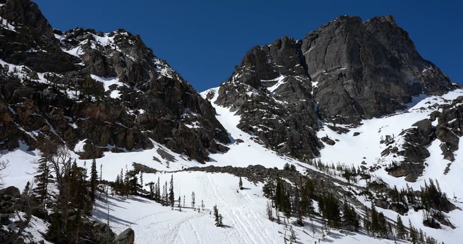 Snow covered Hallett Peak seen from Emerald Lake in Rocky Mountain National Park, Colorado