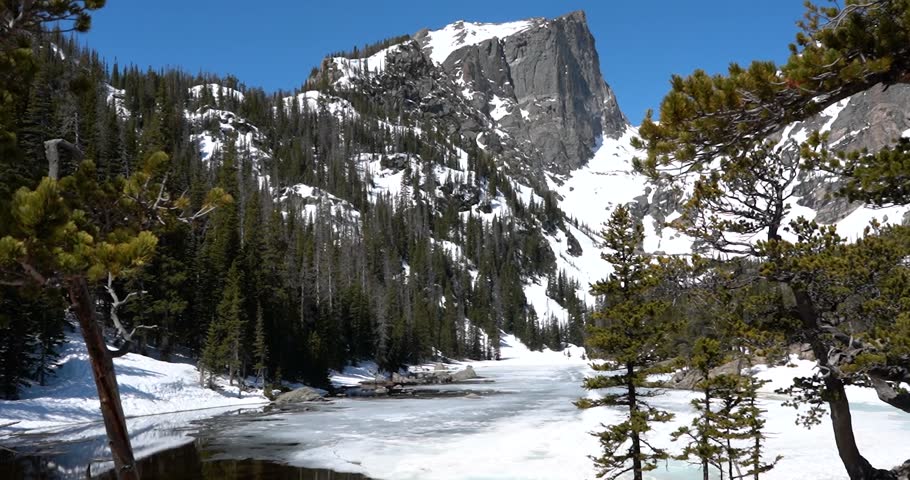 Hallett Peak seen from frozen Dream Lake in Rocky Mountain National Park, Colorado