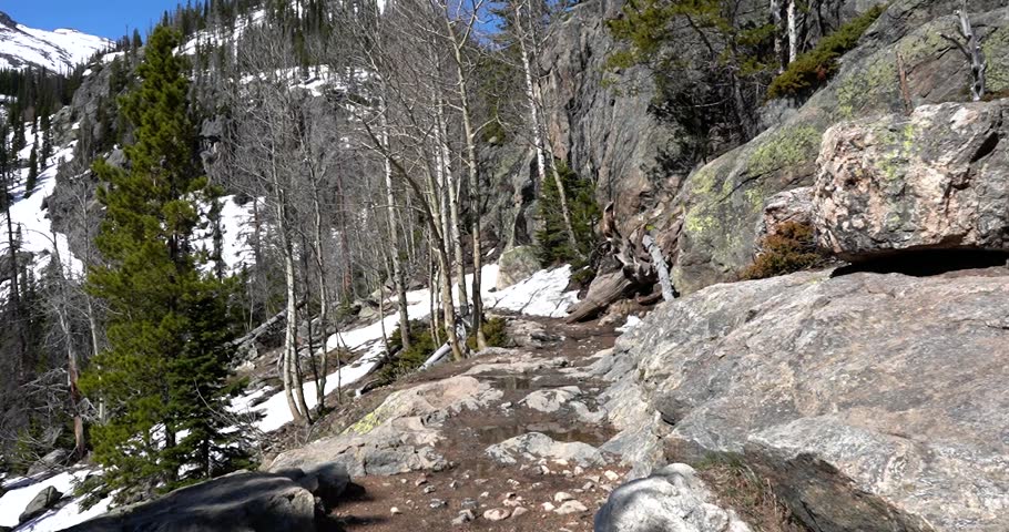 Snow covered hiking trail through Rocky Mountain National Park, Colorado