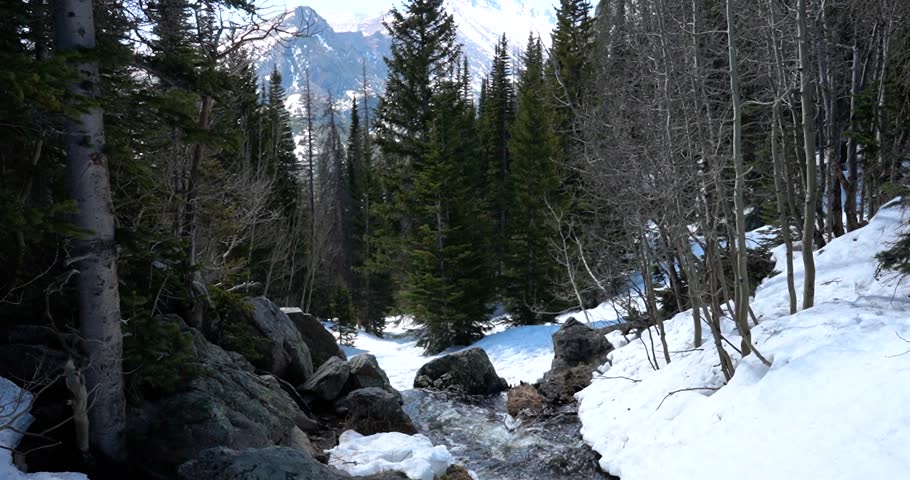 Creek flowing through snow with mountains between trees in Rocky Mountain National Park, Colorado