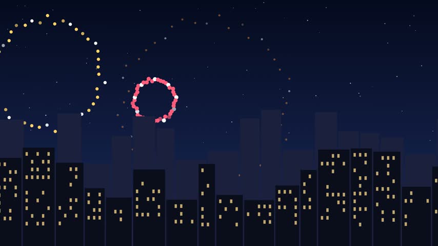 Colorful fireworks launching and bursting in gold, pink, blue and purple over a night city skyline with lit windows and starry sky. Seamless 4K loop for New Year and celebrations.