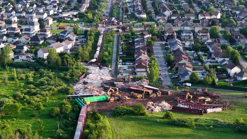 Aerial view of excavation machinery and disturbed ground beside rows of homes and green vegetation in Repentigny Quebec Canada