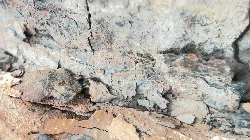 A detailed close up view of a weathered metal structure displaying circular layers of rust and oxidation, showing deep cracks and textured decay on a damaged industrial surface.