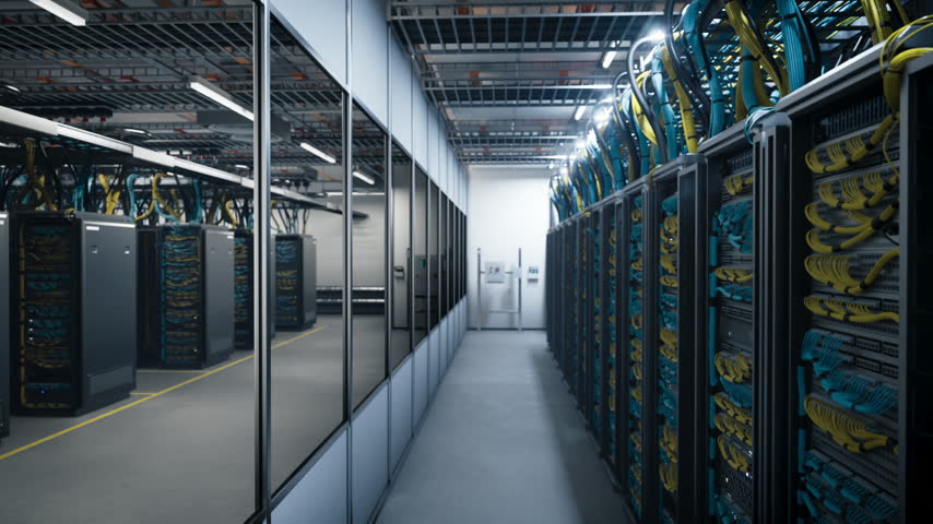 Data Center Server Room Rack Aisle Lined With Ai Artificial Intelligence Training Clusters, Gpu Compute Nodes, Fiber Optic Cabling and Switches Driving Deep Machine Learning and Big Data Inference