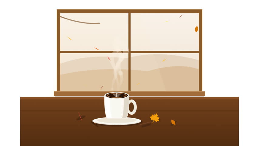 Flat vector illustration of a hot steaming white mug on a wooden ledge with falling autumn leaves visible through the window. Ideal for cozy seasonal lifestyle social media content.