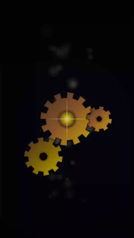This animation features metallic golden gears rotating rhythmically against a deep black void. A luminous center shines with a bright yellow hue, casting radiant reflections upon the circular mechanical components. Subtle particles drift slowly through the darkness, adding depth to the composition. This sleek motion graphic represents engineering, industrial precision, and complex connectivity.