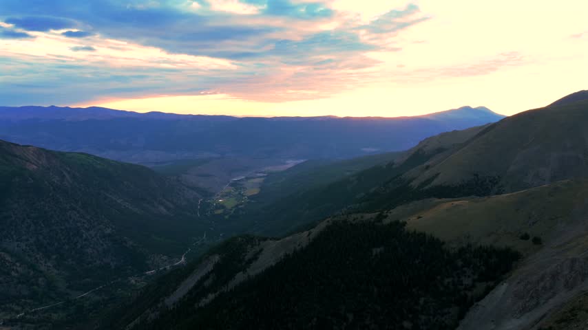 Aerial drone view of nature landscape Missouri Gulch Trail Leadville Buena Vista Colorado summer sunrise morning Mount Elbert 14ers Rocky Mountains Collegiate Peaks Wilderness Sawatch Range