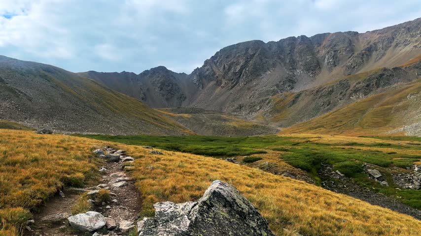 Landscape view of Missouri Gulch trail Elkhead Pass Missouri Mountain summer Rocky Mountains Collegiate Peaks Colorado Sawatch Range alpine tundra morning blue sky sunny nature hiking trail static