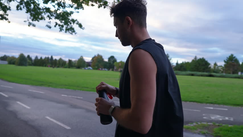 Side tracking view of a young male athlete opening a black bottle and drinking water beside a green park field in slow motion.