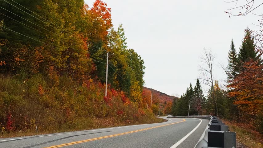 Car moving along a scenic mountain highway during fall foliage season. Beautiful woodland with red, yellow, and orange leaves on a cloudy day