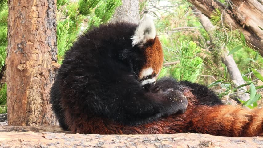 Red panda or Ailurus fulgens, actively grooming its fur on a fallen log in a natural forest setting, showcasing its distinctive coloration and a moment of self-care in its wild habitat