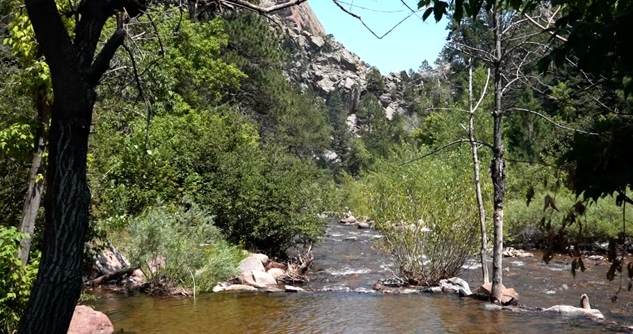 Creek flowing through green trees in Eldorado Canyon State Park in Colorado