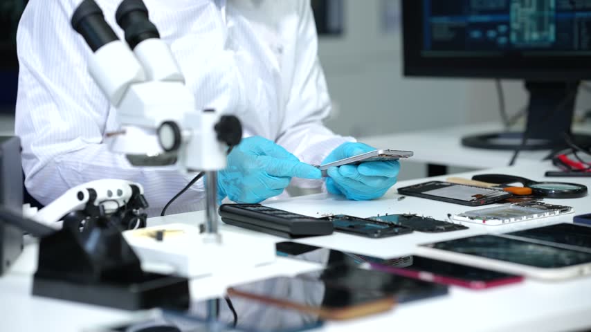 Technician in blue gloves examines a smartphone circuit board with a microscope and repair tools on a modern electronics workbench.