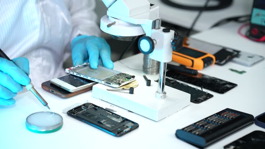 Technician in blue gloves repairing a smartphone circuit board under a microscope at an electronics service bench.