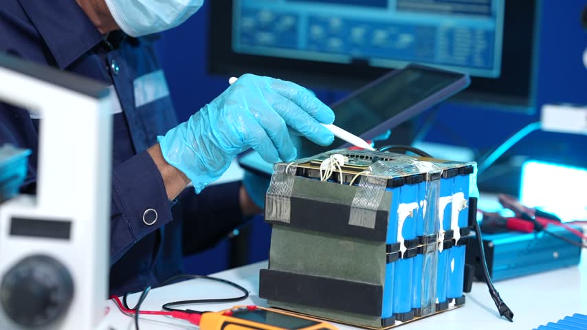 Technician wearing gloves uses a tablet and stylus to inspect a lithium battery pack in an electronics repair lab.