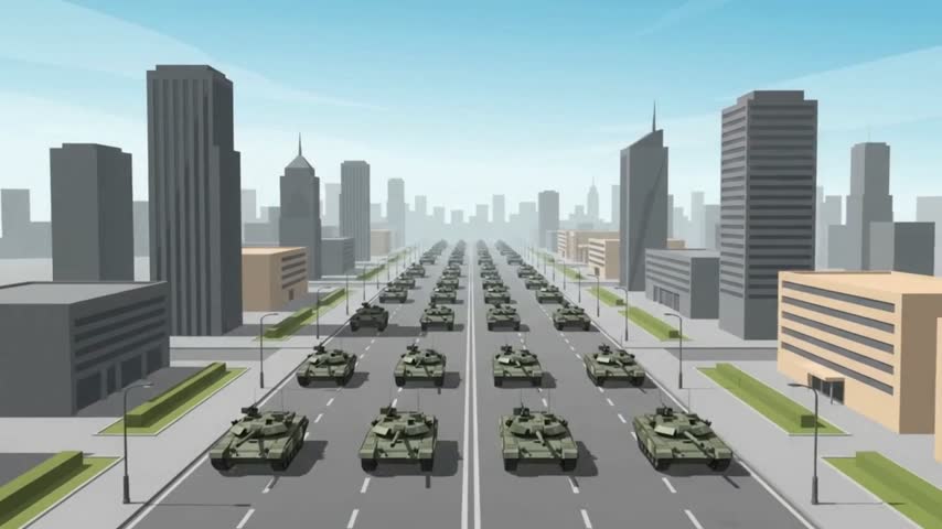 Animated military parade with tanks, missile launchers, and fighter jets in a city