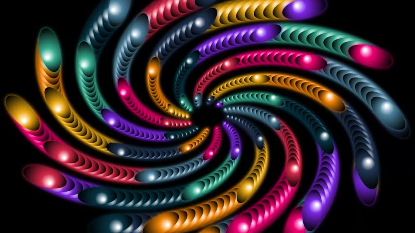 A repeating pattern of colorful, swirling spirals against a black background, presented as a vibrant vector illustration.