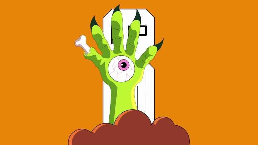An illustration of a green monster hand featuring a large eye on the palm, sharp claws, and white bones. The bright orange background creates a spooky, unique, and imaginative Halloween atmosphere.