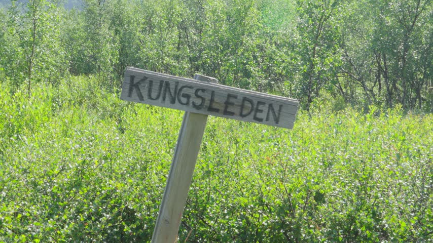A serene and lush landscape shot in Sweden, featuring the Kungsleden trail sign amidst green bushes and trees. A hiker with a backpack walks by, exploring this remote and scenic path.