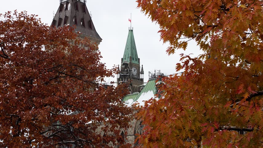Parliament of Canada with Canadian flag and autumn trees in Ottawa downtown