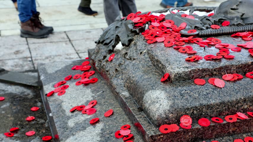 Remembrance Day with poppy flowers on the Tomb of the Unknown Soldier in Ottawa, Canada.