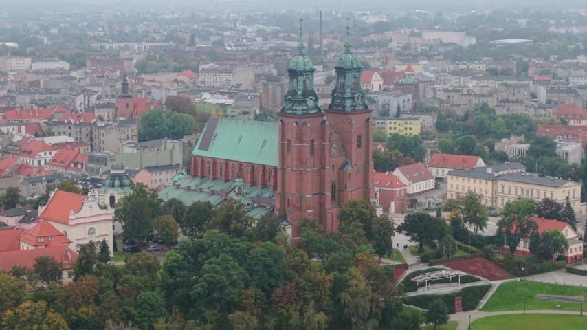 Drone View of Gniezno Cathedral and Historic City Center in Autumn, Poland