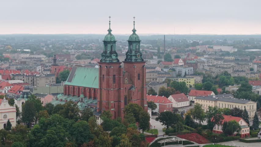 Drone View of Gniezno Cathedral and Historic City Center in Autumn, Poland