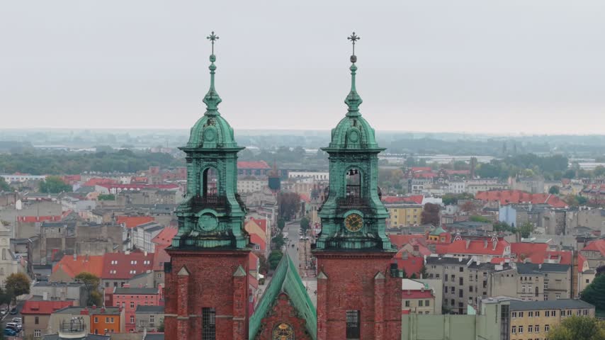 Drone View of Gniezno Cathedral and Historic City Center in Autumn, Poland